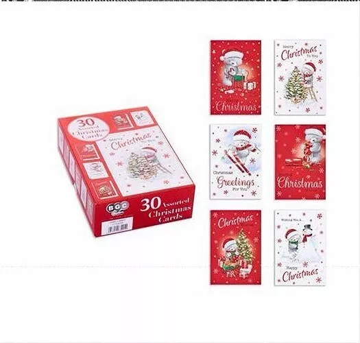 30 NIEDLICHE WEIHNACHTSKARTEN STOßSTANGE BOX 6 DESIGNS 5 VON JEDEM MIT UMSCHLÄGEN ROTE BOX