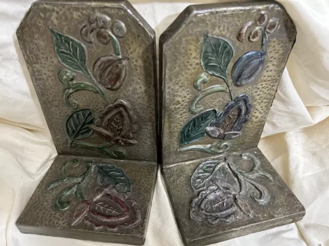 Antique Art Nouveau Floral 3D Design Hammered Pewter On Wood English Bookends
