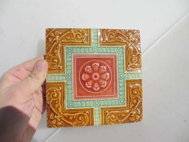 Antique Ceramic Tile Old Vintage Floral Flowers Leaf Art Nouveau Rococo