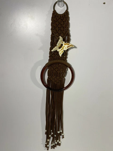 Vintage Macrame Ceramic Towel Holder Wall Decor Butterfly Ceramic Accent Brown