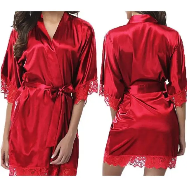 Women Ice Silk Pajamas Robes Sleepwear Nightgowns Nightdress Red Black L XL Lace