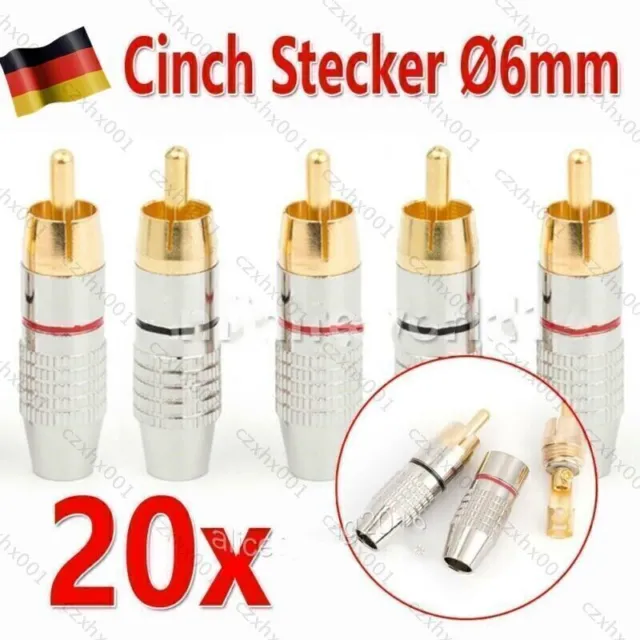 20 Stück Cinch RCA Stecker 6mm zum Löten, Schrauben Chinch vergoldet Metall