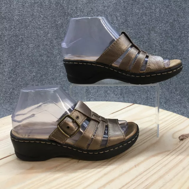 Clarks Sandal Womens 6M Bronze Slide Wedge Open Toe Leather Casual Comfort