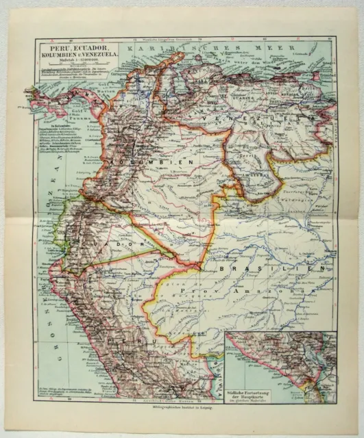 Peru, Ecuador, Columbia & Venezuela - Original 1926 Map by Meyers. Vintage