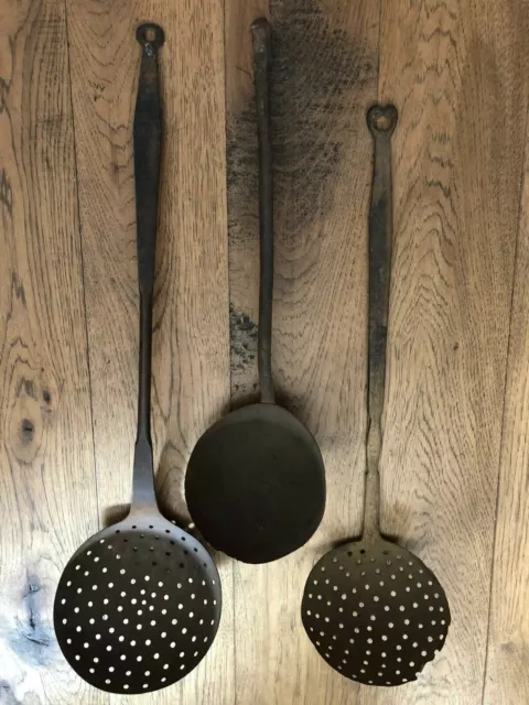 Early Blacksmith Hand Forged Kitchen Iron Soup Ladle 2 Straining Spoon Dippers