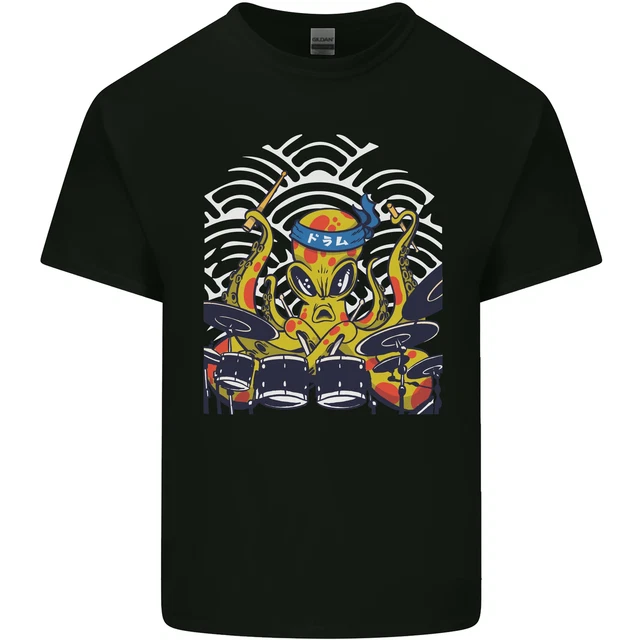 Japanese Octopus Drummer Drumming Drums Mens Cotton T-Shirt Tee Top