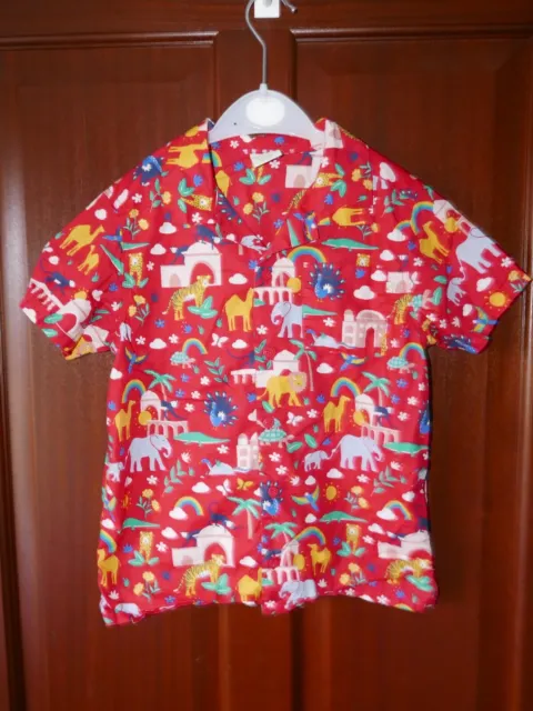 Frugi Short Sleeve Camp Shirt, Age 8-9yrs, Red, Jungle Animals