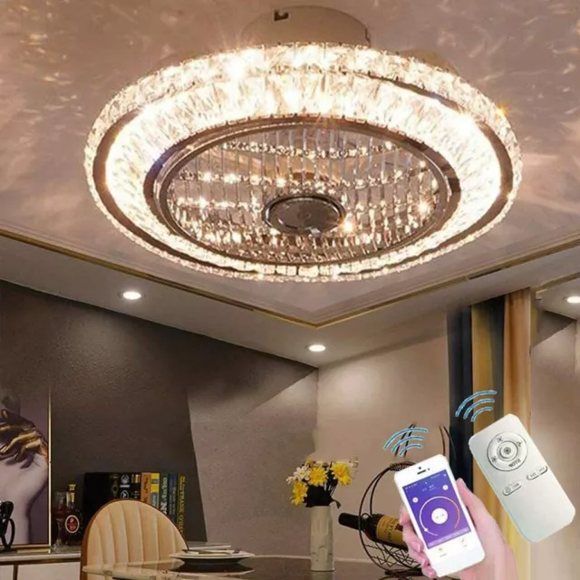 Crystal LED Ceiling Fan with Lamp,Chandelier with Remote Control,Invisible Fan