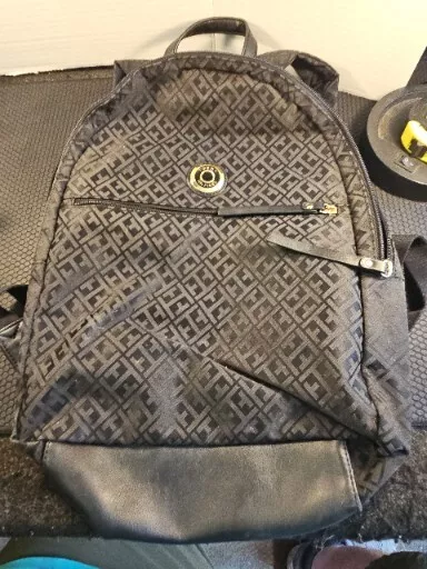 Tommy Hilfiger Large Black Patterened Backpack Style Purse Bag Zippered