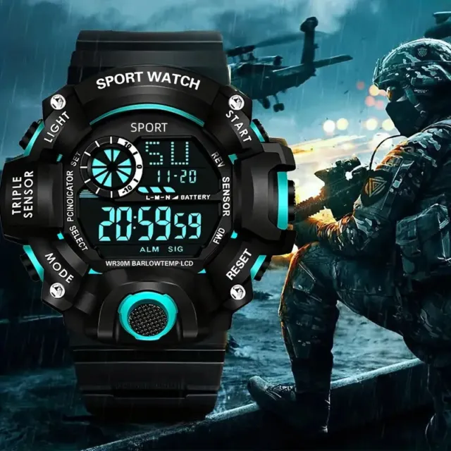Herren Sport Digital Uhr Datum Alarm Stoppuhr LED Watch Silikon schwarz Neu OVP