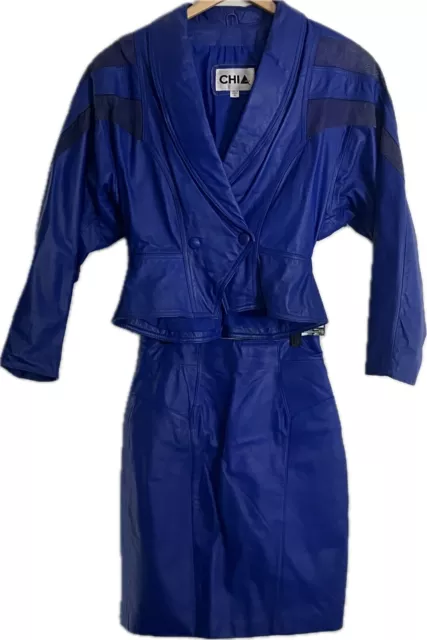 Vintage 80s Leather Suit Jacket & Skirt Women's Size Medium/8 Blue