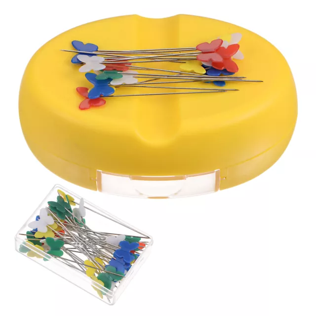 Magnetic Pin Cushion with 50pcs Butterfly Plastic Head Pins, with Drawer, Yellow