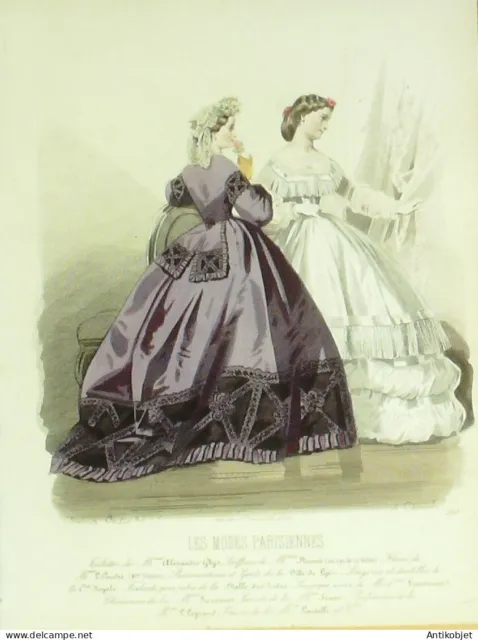 Gravure Modes parisiennes 1864 n°1100 Robes satin brodé garni et voile