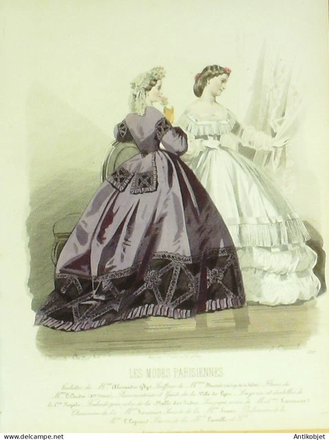 Gravure Modes parisiennes 1864 n°1100 Robes satin brodé garni et voile