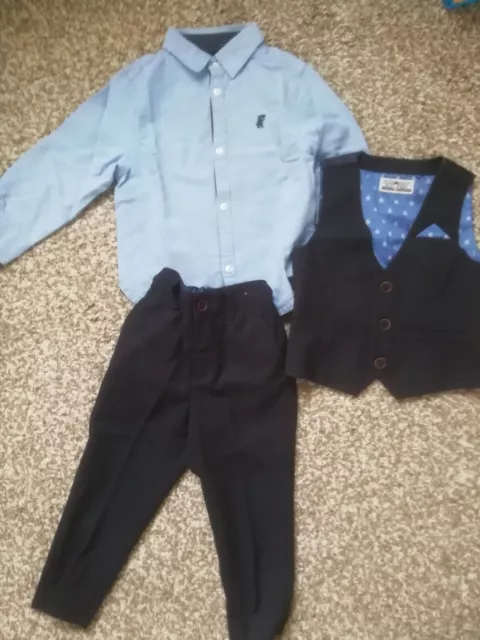 Boys navy blue suit set trousers shirt waist coat 2 years