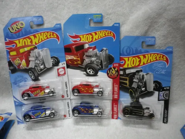 Hot Wheels Lot of 5 Red Blue Black 32 Ford 3 window Coupe