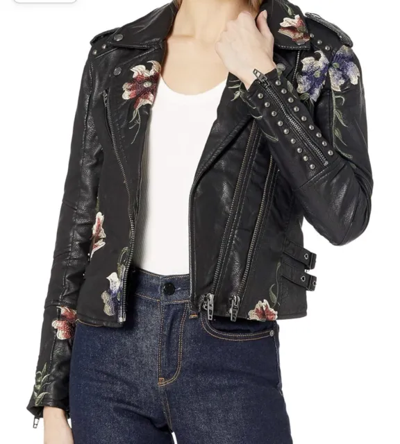 BLANKNYC Jacket Womens Faux Leather Floral Embroidered Moto Sz Large