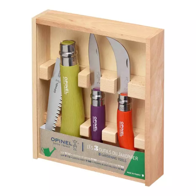 Opinel Garten Set 3-teilig Säge Gartenmesser Gartenhippe Pilzmesser in Holzbox