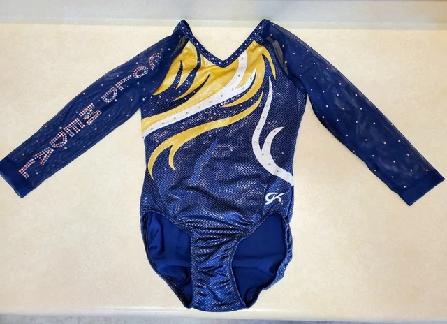 COMPETITION GK Elite gymnastics Leotard AS Small 3/4 sleeve Gold RHINESTONES