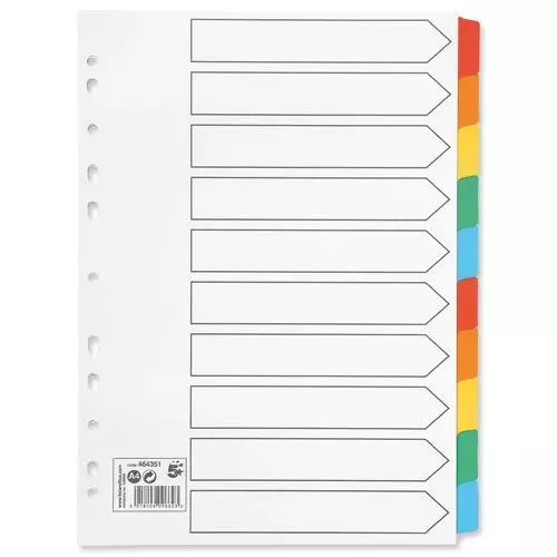 5 x SETS OF A4 STRONG FILE DIVIDERS with Coloured Mylar Tabs 10-Part A4 White