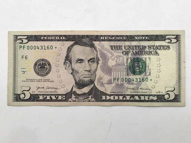 $5 Dollar Bill Star Note 2017A Low Serial Number PF 00043160*