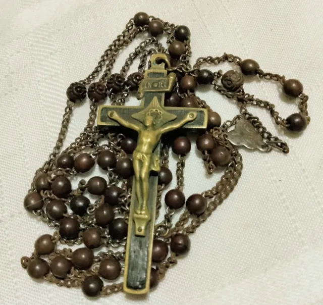 Antique Rosary Brass Crucifix 19th C Priest Owned