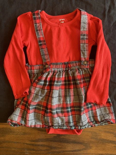 Carters Baby Girls Size 24 months 2-piece red plaid jumper dress holiday Outfit