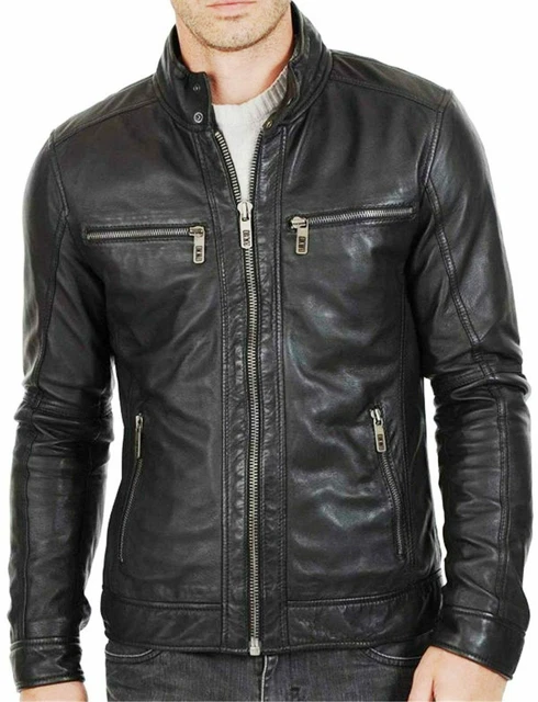 Giacca da uomo in pelle nera Biker Moto Cafe Racer Morbida pelle di agnello...