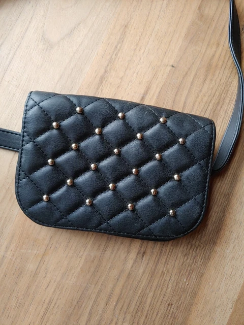 Chico’s Slinky Brand Studded Black Quilted Black Leather Belt Bag Fanny Pack
