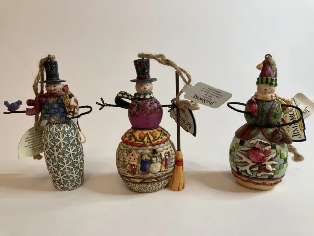 Jim Shore Heartwood Creek Set of 3 Snowman Ornament Set (4005788) Birds/Cat