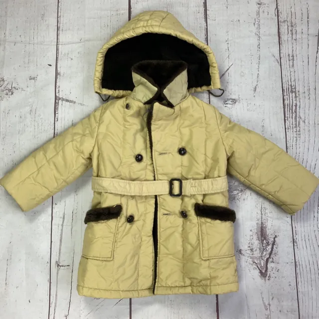 Vintage Sears Size 6 Girls Kids Winter Faux Fur Brown Belted Hooded Button Coat