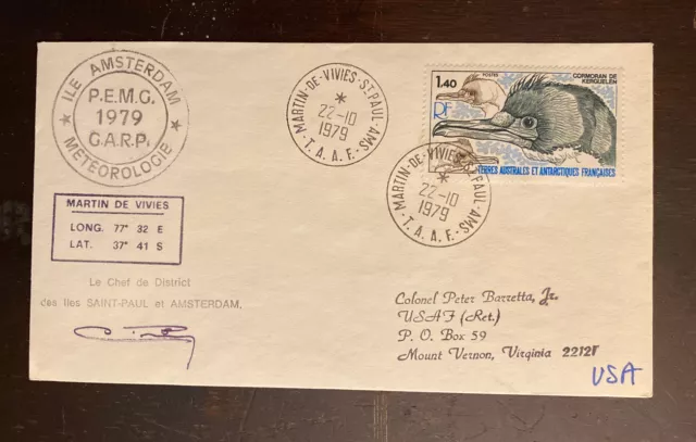 10/22/79 French TAAF Polar Cover Antarctica Ile Amsterdam Le Chef Signed 109-23