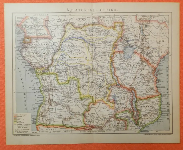 ÄQUATORIAL - AFRIKA KOLONIEN Landkarte 1895 DOA Kamerun Kongostaat Ostafrika