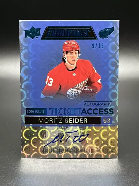 2021/22 Upper Deck Credentials Moritz Seider Debut Ticket Access Blue Auto 9/15