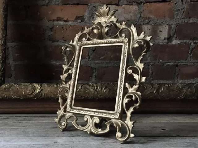 Vintage Gilt Gold on Cast Iron PICTURE FRAME With Stand Holds 4x6 Photo