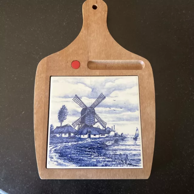 Vintage Dutch Delft Blue and White Windmill Tile Cheese Cutting Board Holland