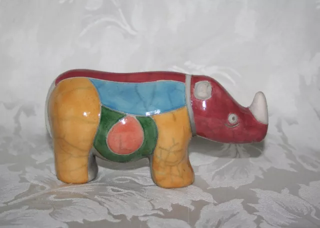 Lovely Colourful South African Raku Pottery Signed Rhino Figurine