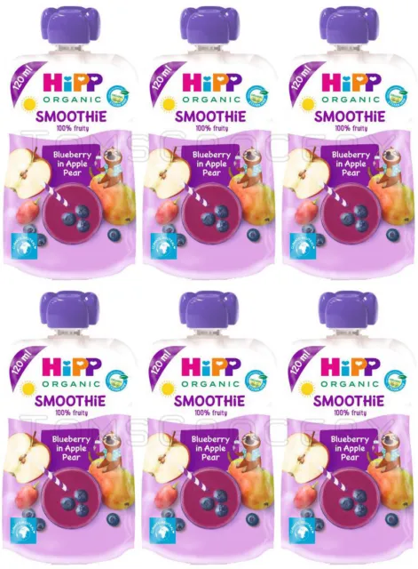 6 HIPP Organic Blueberry in Apple Pear Smoothie Dessert from 1 Year 120ml 4oz