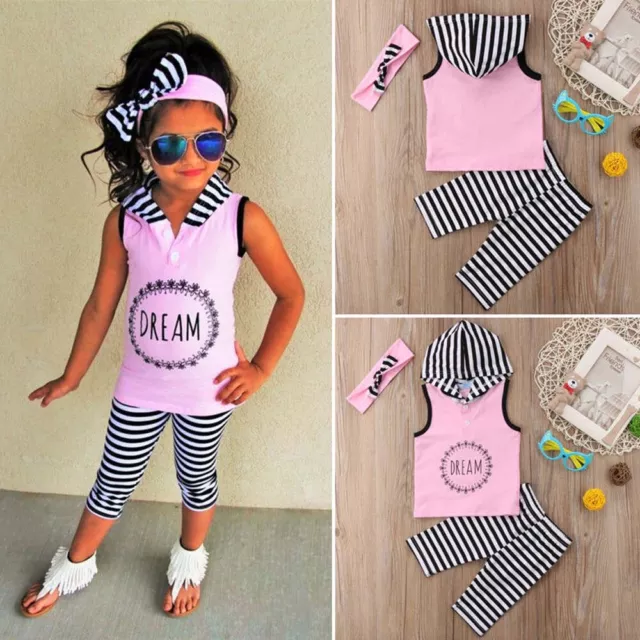 Toddler Baby Girls Tracksuit Strip Hooded Tops Pants 3PCS Summer Outfit Clothes