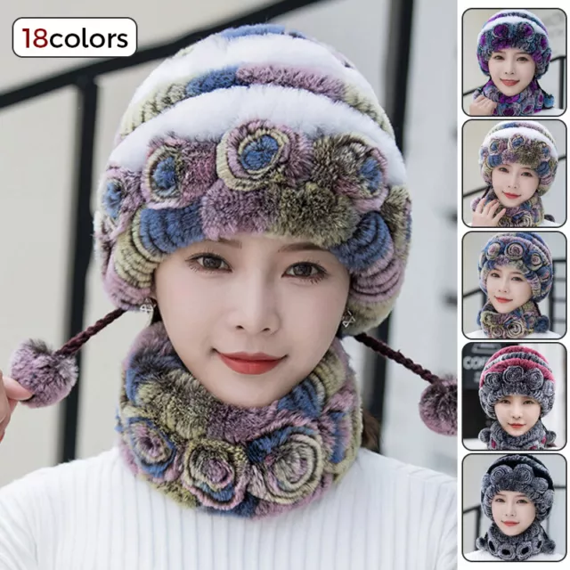 Women Winter Neck Warmer Hat Scarf Set Rabbit Soft Fur Beanie Knitted Ski Cap