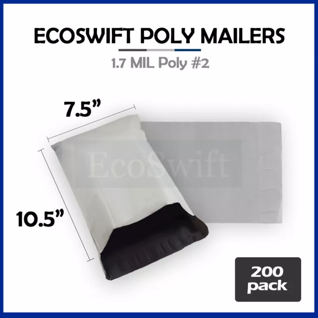 200 7.5 x 9.5 EcoSwift White Poly Mailer Shipping Envelope Self Seal Bags 1.7MIL