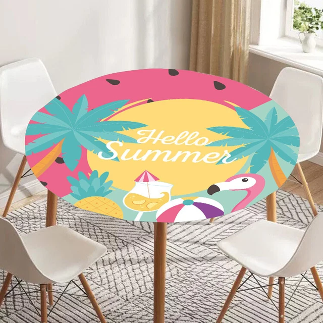 Flamingo Tropical Table Cover Elastic Edged Polyester Tablecloth for Round Table