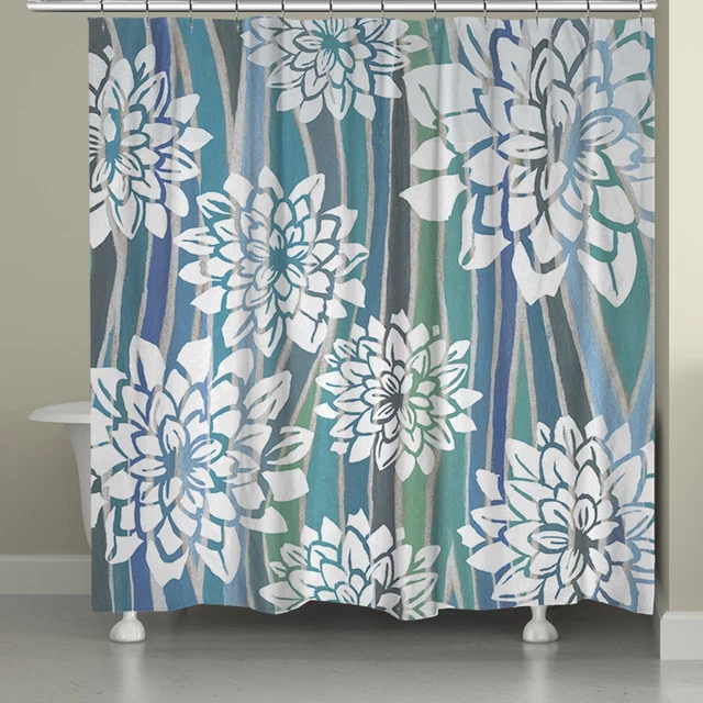 Laural Home Blue Stripe Dahlias Shower Curtain (71-inch x Blue