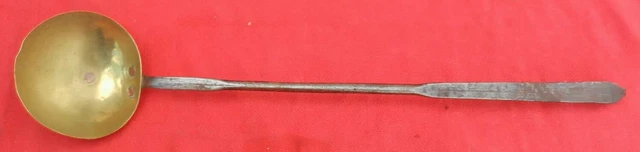 19th C Hand Forged Wrought Iron Handle & Small Brass Bowl Spoon