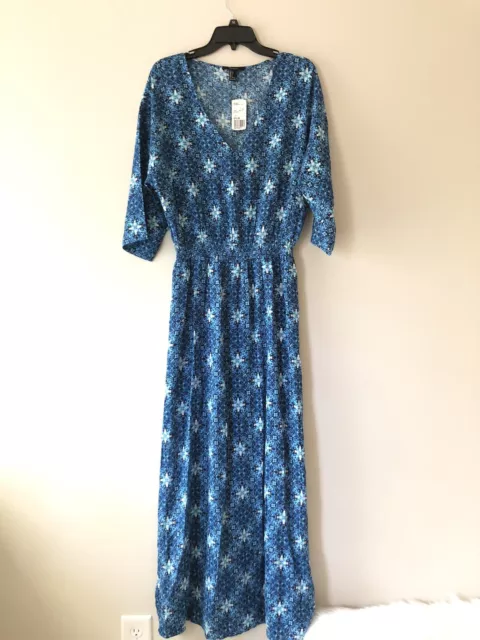 Forever 21 Maxi Smocked Top V Neck Dress Blue Floral Size L  Short Sleeve