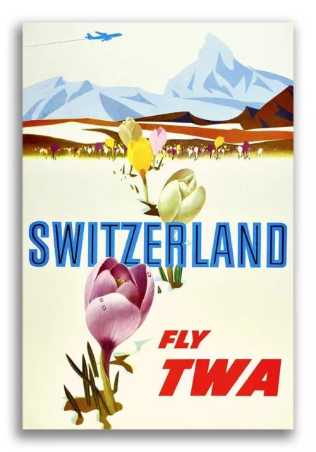 Fly TWA 1950s Visit Switzerland Vintage Style Airline Travel Poster - 16x24