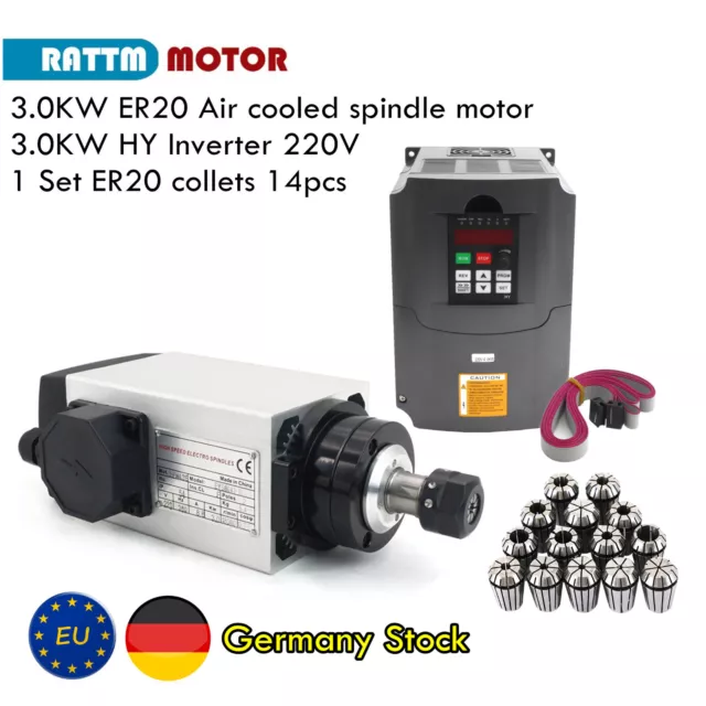 『EU』3KW VFD 220V CNC Milling Square Air Cooled Spindle Motor Inverter ER20 Kit