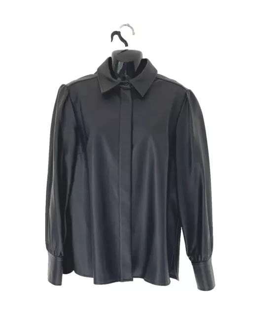 French Connection Schwarz Kunstleder Langarm Shirt Uk 12 Makellos Uvp £48