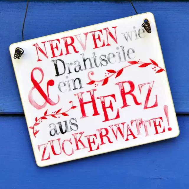 SCHILD MIT SPRUCH NERVEN wie DRAHTSEILE + HERZ aus ZUCKERWATTE EUR 9,95