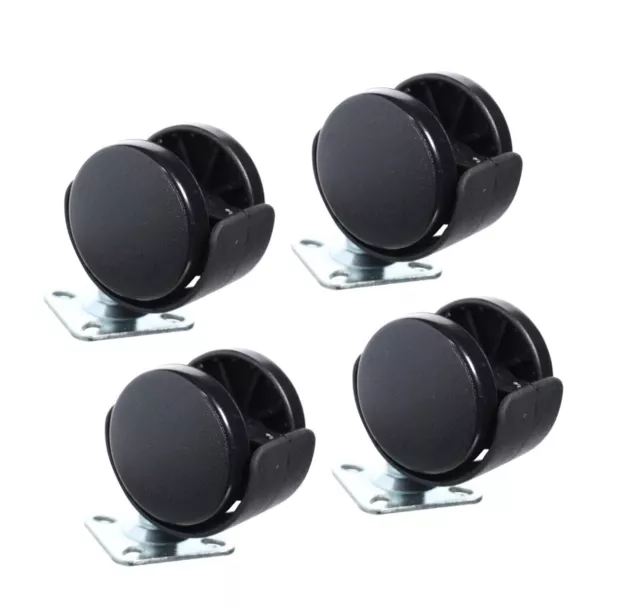 Casters 1 1/2 " Wheel  Flat base  2" High Black Plastic 4pc